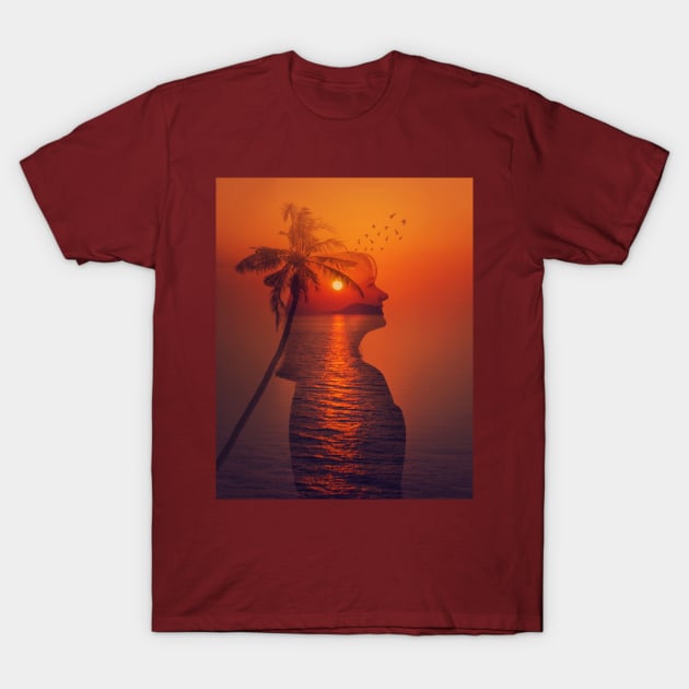 sea sunset double exposure T-Shirt by 1STunningArt